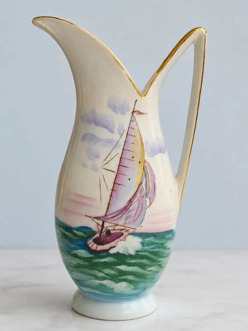 Vintage UCAGCO Japan Hand Painted Sailboat Ceramic Water Pitcher Vase 1950s
